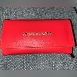 Michael Kors Reddish Orange Leather Wallet with Gold Accents